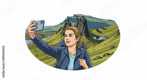 Woman with backpack takes selfie in a scenic mountain landscape