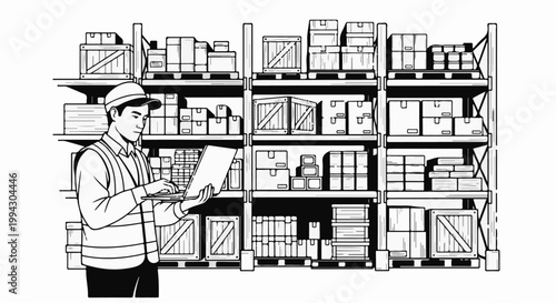 Warehouse worker checks inventory on laptop near shelves of boxes and crates