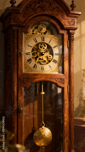 A tall wooden grandfather clock featuring intricate carvings, a gold face with Roman numerals, and a swinging pendulum seen through glass in a warm interior.