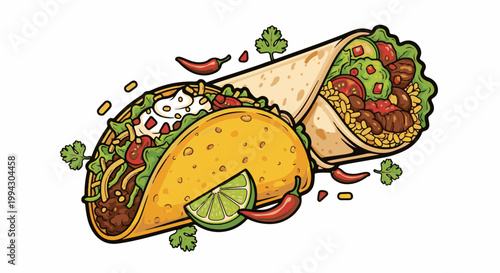 Vibrant illustration of a loaded taco and a hearty burrito with garnishes