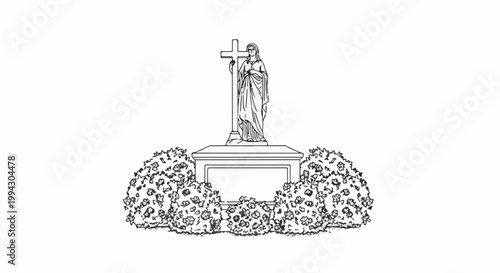 A stone monument with a draped figure holding a cross is adorned with foliage