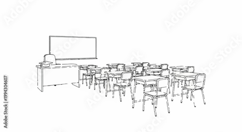 Classroom with desks, chairs, and a whiteboard