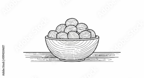 Simple line drawing of a bowl brimming with nuts on a wooden surface