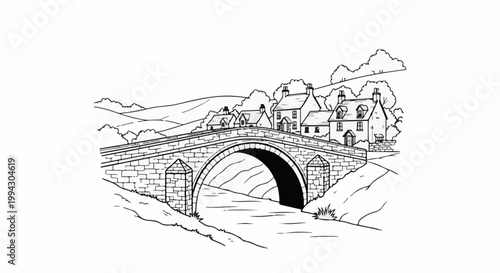 Stone bridge crosses a flowing river with quaint village houses nestled on hill