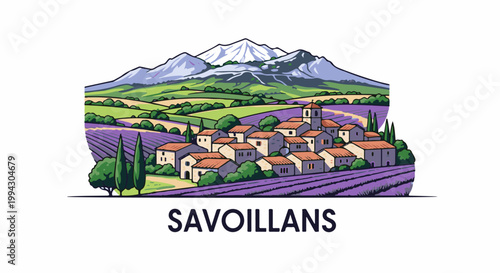 Artistic village nestled among lavender fields, with mountains in background