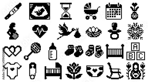 Pixel art baby and pregnancy icons A minimalist collection of symbols related to birth, parenthood, and family life