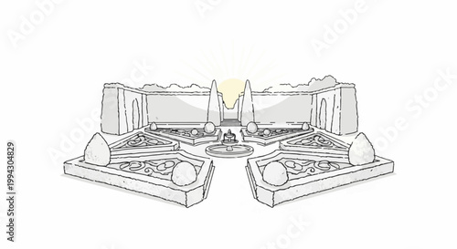 Stylized symmetrical garden layout with a central fountain and surrounding geometric beds