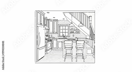A black and white sketch of a compact kitchen with a refrigerator and island