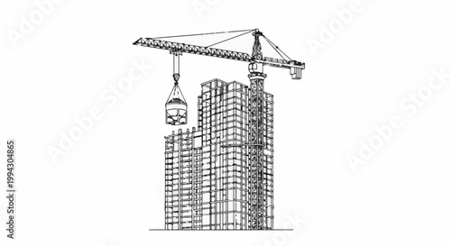 Wireframe drawing of a crane lifting a load at a high-rise building construction site