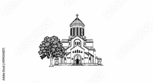 Sketch of a grand stone church with a prominent dome and a leafy tree