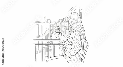 Woman enjoying a hot drink on a balcony overlooking a city street