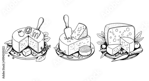 Cheese wedges hand drawn icon set with crackers, slices, garnish leaves, and simple doodle line art for menu design