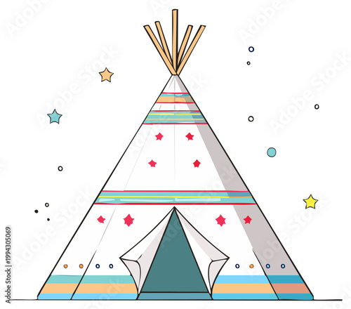 Decorative Teepee Tent with Stars, Colorful Stripes and Open Flap on a White Background