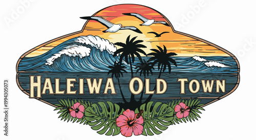 Vibrant beach scene with surf, palms, and tropical flowers