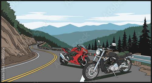 Two motorcycles parked on a winding mountain road with scenic vistas