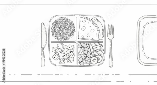 Top-down view of a lunchbox filled with rice, cheese, dice, and vegetables