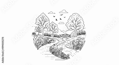 Whimsical hand-drawn landscape of a winding stream flowing through blooming flowers and trees