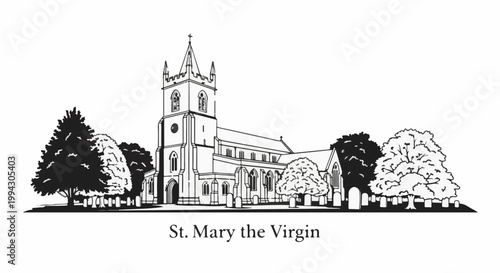 Stylized drawing of a church with a prominent tower, surrounded by trees and gravestones