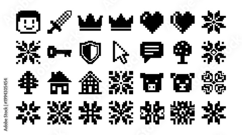 Collection of minimalist pixel art icons for games and graphic design, featuring fantasy, nature, and abstract elements