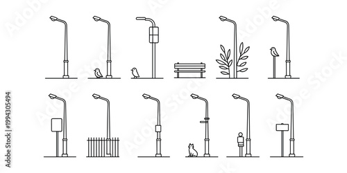 Black and white line of various street lamps and urban line black and white cityscape lamp posts benches