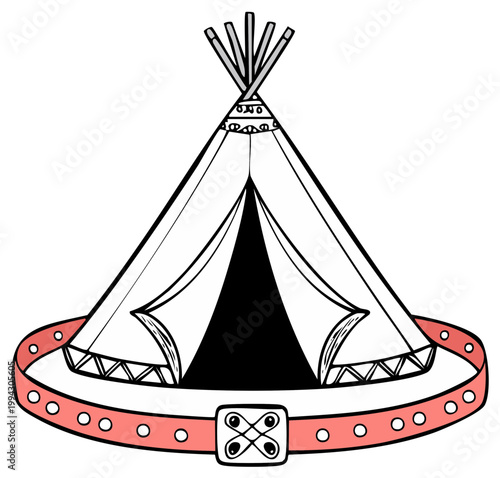 Black and white tipi illustration with a red belt