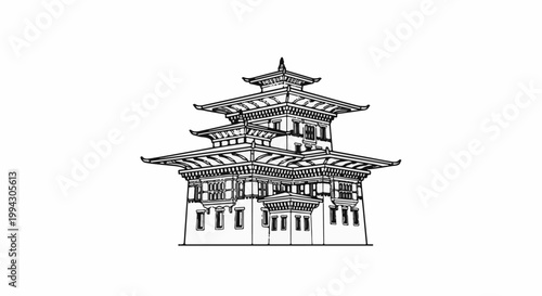 Stylized line drawing of a multi-tiered pagoda-style building with elaborate roofs