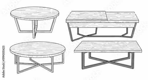 Collection of four stylized line drawings of coffee tables with wooden tops