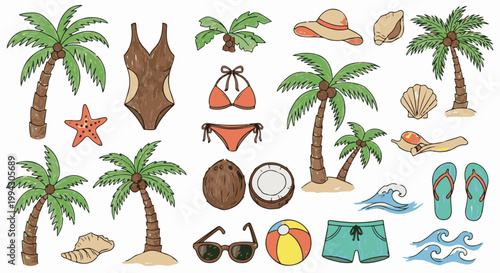 Tropical beach scene with palm trees, swimsuits, coconuts, shells, waves, and beachwear