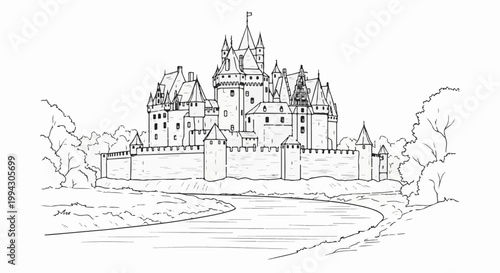 A majestic, multi-turreted fortress overlooks a winding river and lush foliage