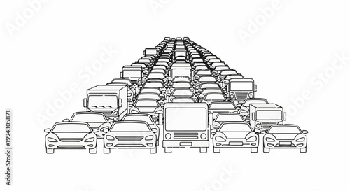 Multiple vehicles in a dense, stylized line suggesting a traffic jam