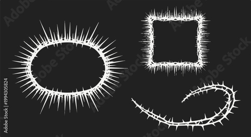 Three white spiky thorny border designs on a black background