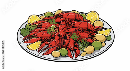A platter of bright red crawfish with lemon slices and herbs