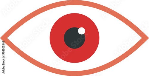 Flat design icon of a human eyeball with a red iris and dark pupil illustration