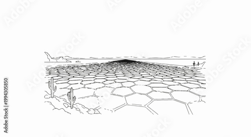 Desert landscape with hexagonal patterns and cacti stretching to horizon
