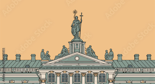 Ornate building facade with sculptures atop a pale orange sky