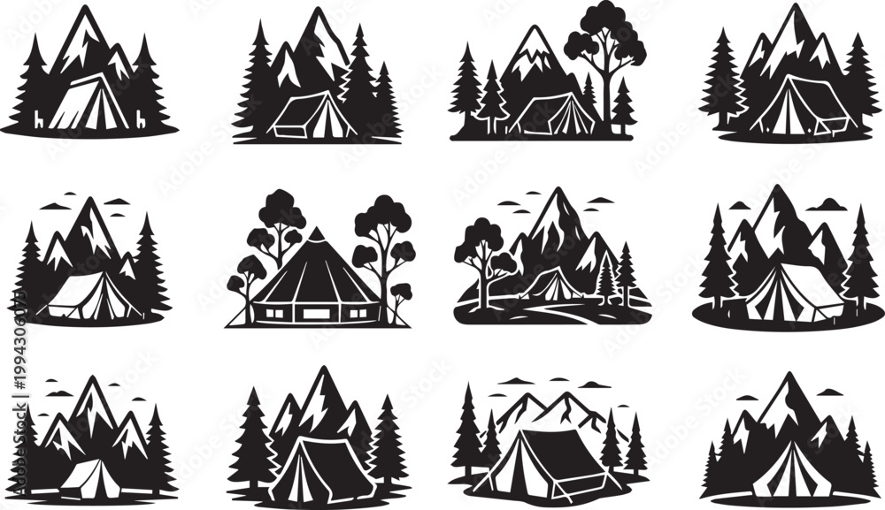 Fototapeta premium Mountain Camping and Outdoor Adventure Tent Silhouette Set