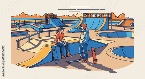 Two teens chat at a vibrant, stylized skatepark with ramps