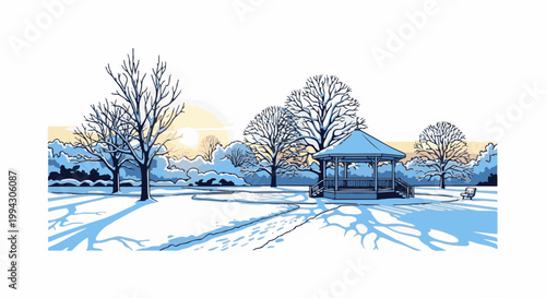 Stylized winter park scene with bare trees, a gazebo, and a bench