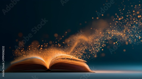 Abstract e-learning background with glowing book and digital particles rising upward, knowledge concept, clean copy space 