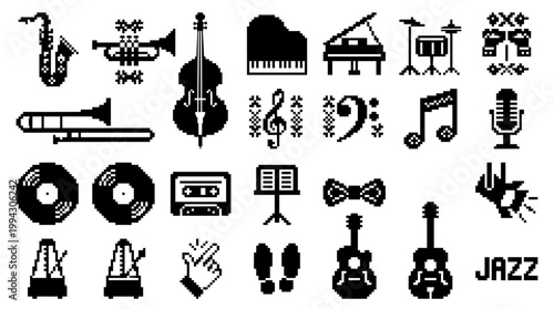 A vibrant collection of pixel art musical icons, meticulously crafted in a minimalist retro style, featuring essential jazz instruments and melodic symbols for diverse design projects