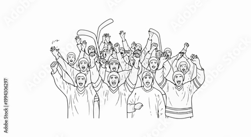 Excited crowd cheers with arms raised, one person holds a stick