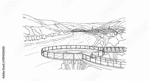 A scenic overlook extends over a valley with a river and town