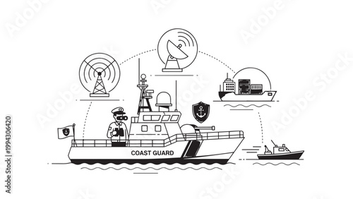 Illustration of Maritime Communication and Navigation Technology on a Cargo Ship.
