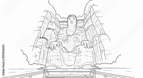 Giant seated stone figure carved into a cliff face, facing forward