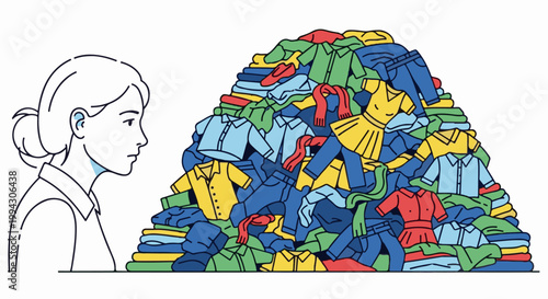 Woman looks at a large, colorful pile of laundry