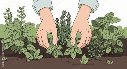 Hands carefully tending to various herbs growing in fertile soil