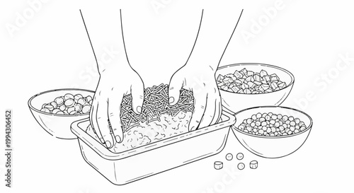Hands mixing grated food in a tray surrounded by bowls of ingredients