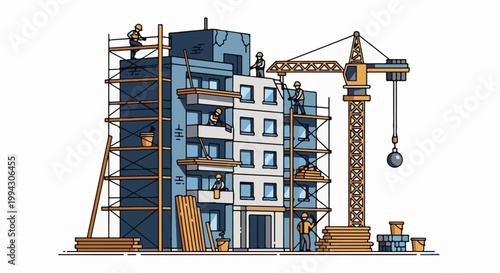 Workers construct a building with scaffolding, a crane, and building materials