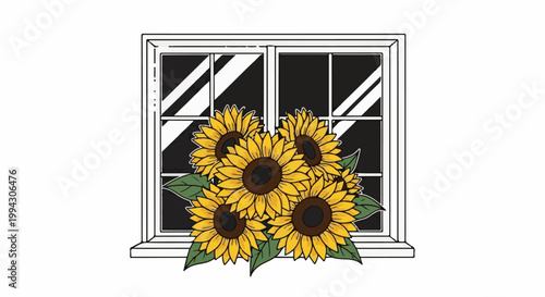 A bouquet of bright sunflowers placed on a window sill