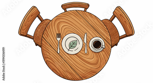 Overhead view of a rustic wooden table with two chairs, set for one